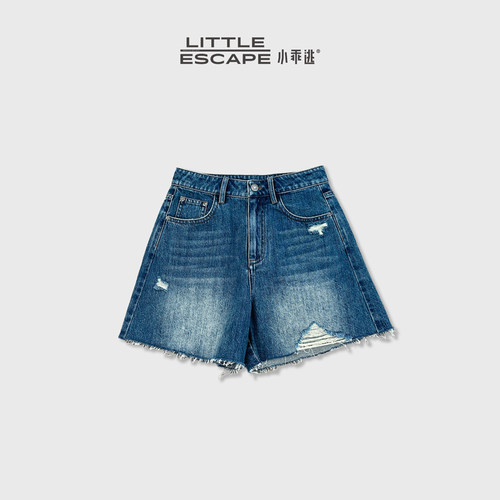 小乖逃复古蓝破洞牛仔短裤夏季高腰宽松显瘦直筒毛边短裤M6290
