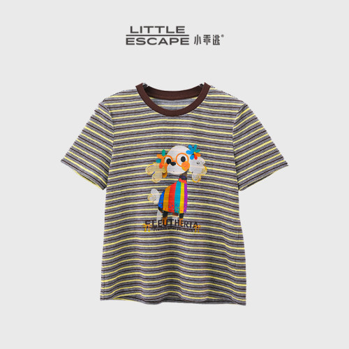 小乖逃JX韩系甜妹风条纹卡通T恤夏慵懒风减龄显瘦休闲上衣S26150