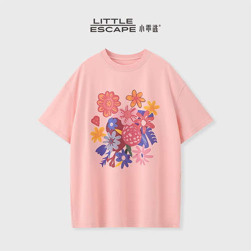 小乖逃JX粉色彩色花朵印花短袖T恤夏季宽松显瘦甜美风百搭M9873