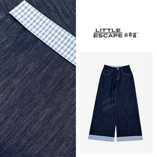 S25218 脚 小乖逃蓝色格子撞色蓝色休闲裤 阔腿直筒深蓝色格子裤