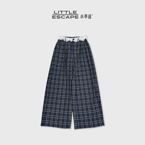 小乖逃JX法式风格纹休闲裤夏季显瘦松紧腰蕾丝拼接垂感长裤M6230