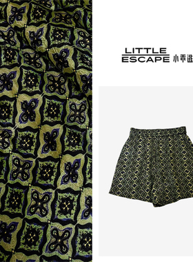 小乖逃 25 D新中式国风绿色短裤直筒阔腿裤花纹休闲裤 S25471