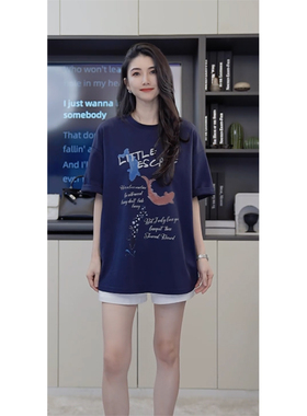 小乖逃X圆领藏蓝T恤双色鲨鱼英文字母宽松上衣 M8691