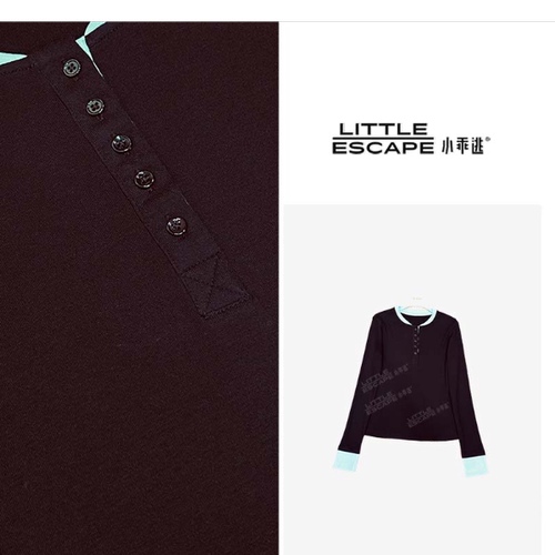 小乖逃休闲时尚百搭黑紫T恤打底拼蓝色领半领扣长袖S25597