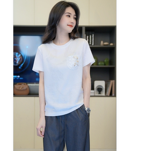 单口袋绣花钉珠净色上衣 小乖逃圆领白色T恤 M8602