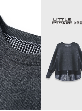 小乖逃时尚假两件圆领黑灰色卫衣格子下摆保暖百搭款N95258