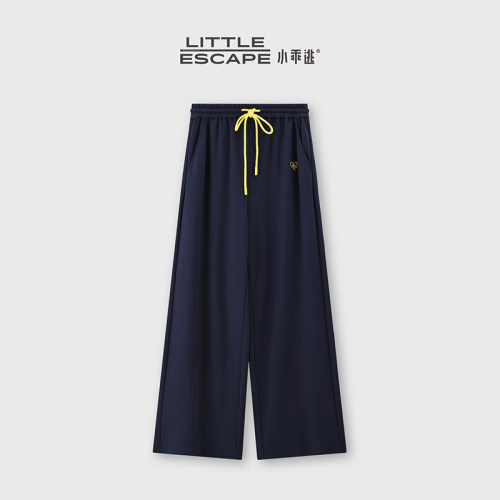 小乖逃藏蓝色撞色黄卫裤金色小刺绣宽松垂感休闲裤WL0061