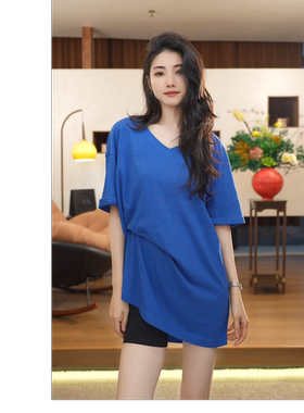 小乖逃JX六色！蓝色T恤短袖V领纯色简约风修身显瘦百搭款N95605