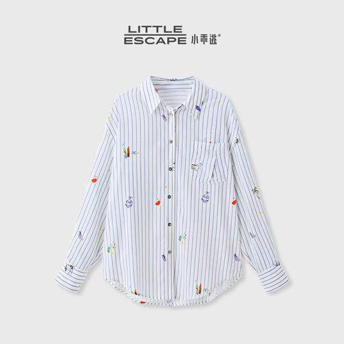 小乖逃JX度假风白蓝条纹衬衫夏季清纯风透气防晒百搭衬衣M9898