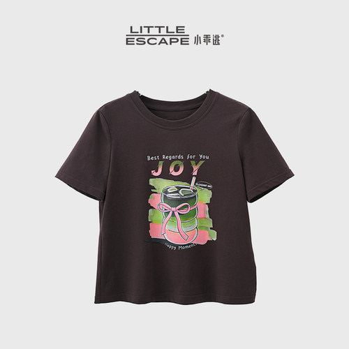 小乖逃JX咖色JOY创意印花短袖T恤夏季韩系ins风显瘦百搭N57004