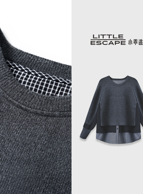 小乖逃时尚假两件圆领黑灰色卫衣格子下摆保暖百搭款N95258