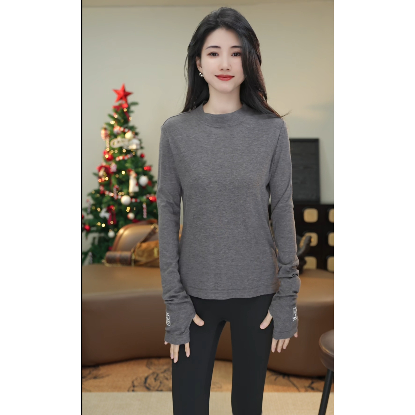 小乖逃X立领三色 小天鹅灰色打底T恤 Q6579