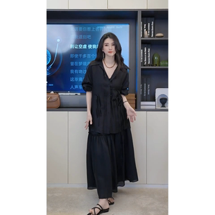 小乖逃迷雾休闲黑色白色衬衫 褶皱流苏透气丝带春秋S25007 醋酸衬衫