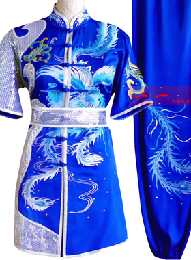 2026新款刺绣武术服儿童蓝色丝绸成人武术表演服四季比赛训练彩服