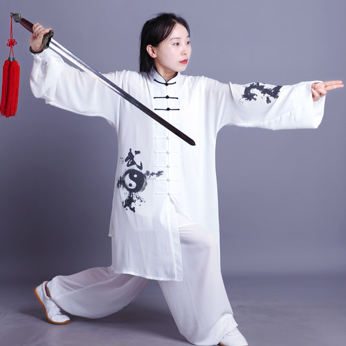 新款太极服彩绘武太极太极拳比赛服飘逸男女演出服中长练功表演服