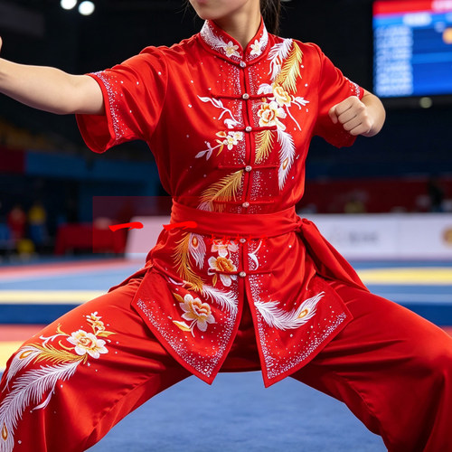短袖红色武术服刺绣凤太极表演服