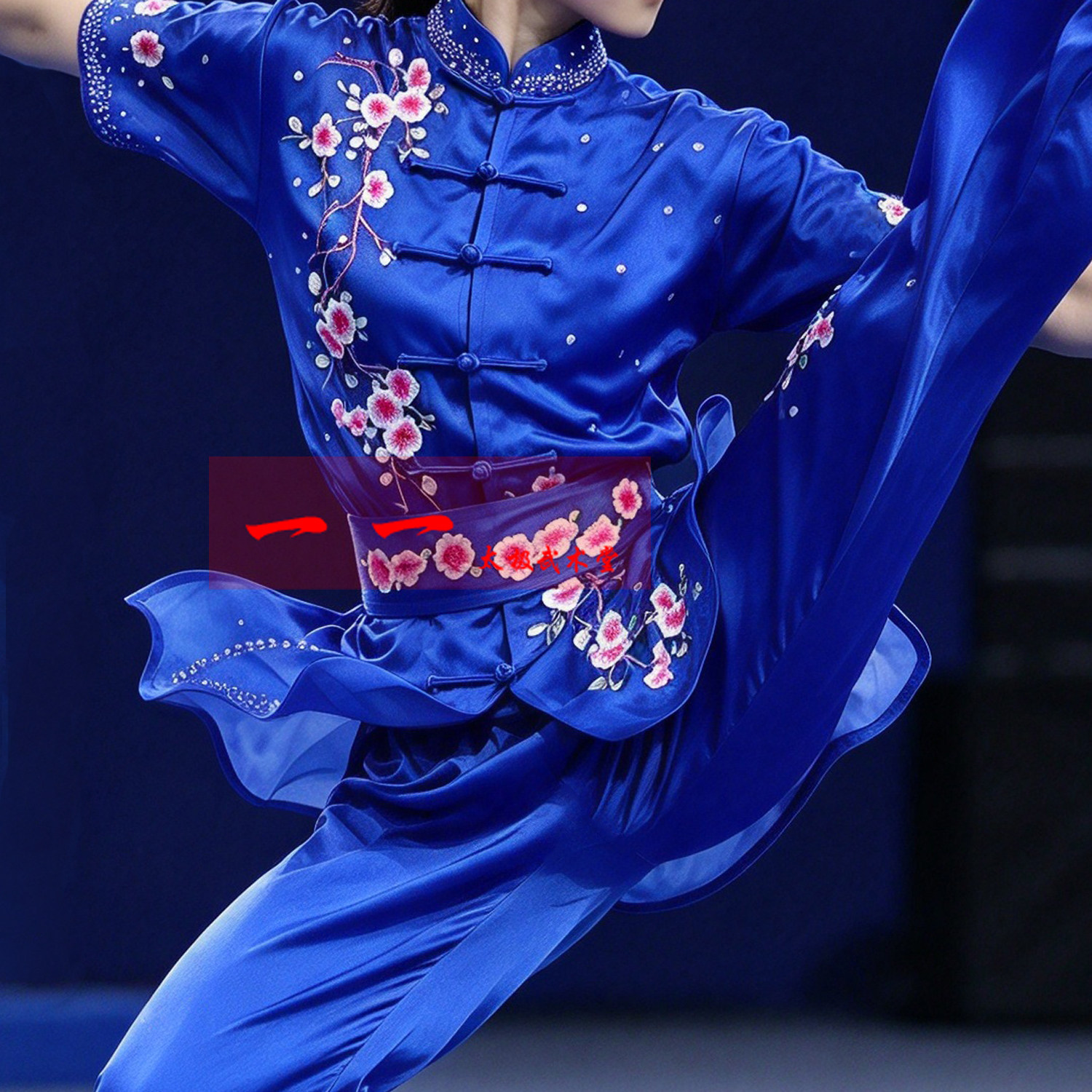高档武术服短袖个性蓝色粉梅刺绣长拳体考服女成人练功表演服亮钻