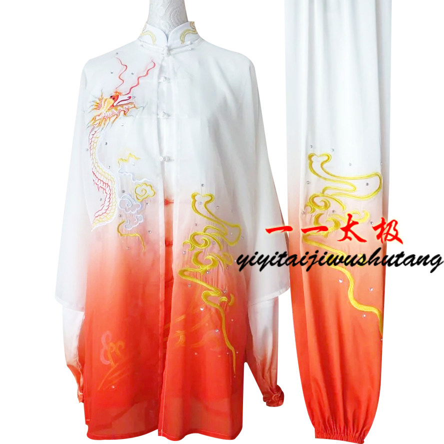 渐变桔红色刺绣花龙太极服装男女太极拳比赛服表演出服练功服套装
