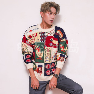 套头羊毛衣 故事刺绣拼色 Vintage童趣动物风景 字母农场图案