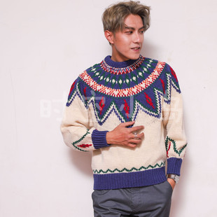 Vintage费尔岛冰岛苏格兰民族风几何拼色 男朋友保暖套头圆领毛衣