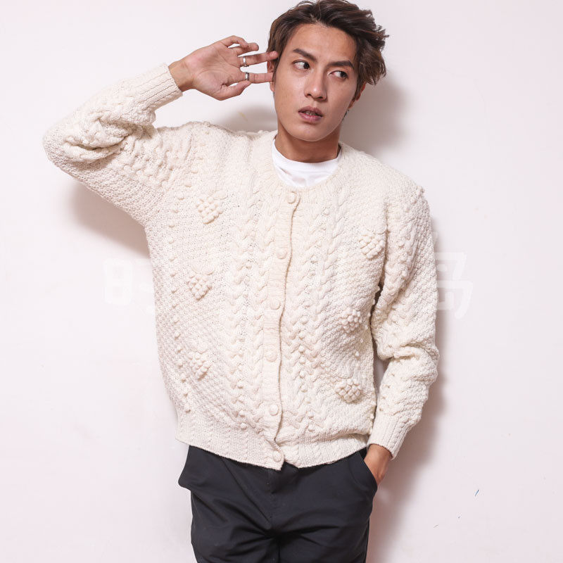 vintage日本 麻花扭花简约设计复古手工钩针廓形纯色套头羊毛毛衣