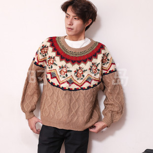 vintage欧美雪柄冰岛 宽松摩天轮民族风宽松羊毛毛衣外套