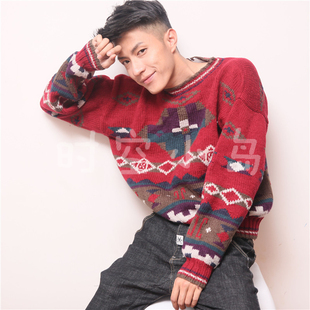 vintage波普艺术摩洛哥风套头圆领雪花柄图案圣诞 毛线衣男女