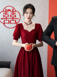 敬酒服女秋冬新娘小个子红色中长晚礼服订婚连衣裙短袖回门服高档