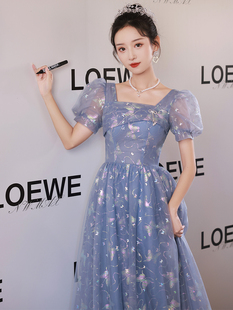 蓝色晚礼服连衣裙女小众轻奢生日宴会主持高级感2024新款学生长款