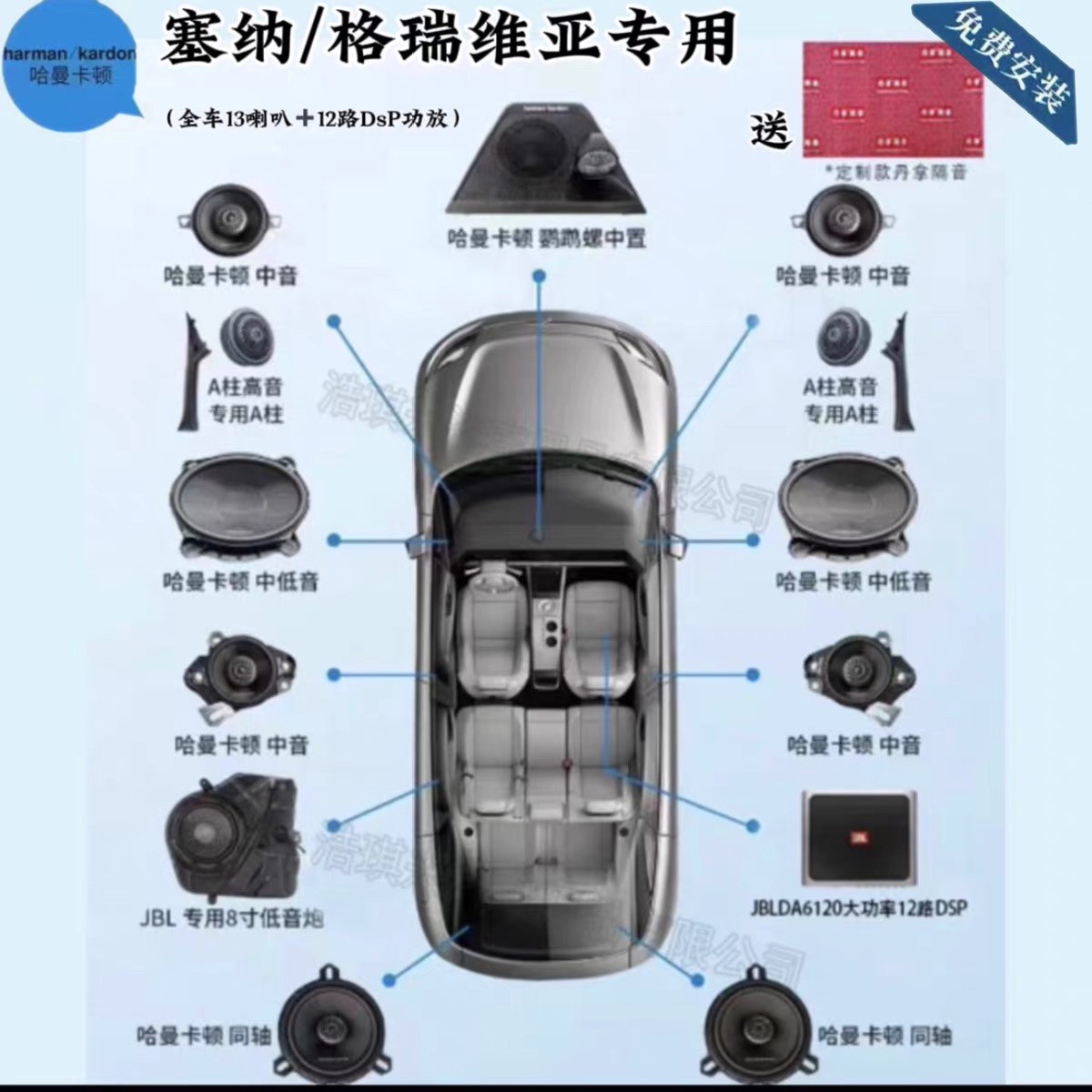 别克gl8塞纳格瑞维亚亚洲龙陆放汉兰达陆巡霸道专用哈曼卡顿音响