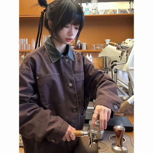 谷仓夹克男春秋水洗做旧巴恩风拼接皮领短款工装外套 JK99-P118图片