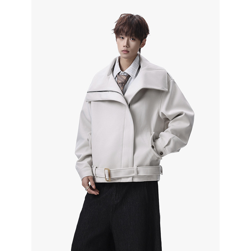 ~斜拉链多穿领型正肩廓形毛呢绑带夹克YY73-P128，男装夹克，电商A330-1