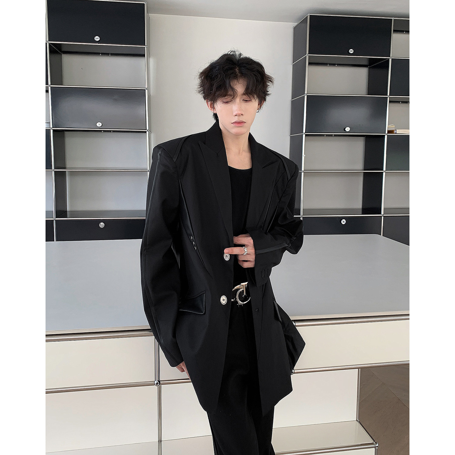 24/秋季高级解构pu皮拼接西服外套男XZ07-P118控148,男装西服,电商A330-1