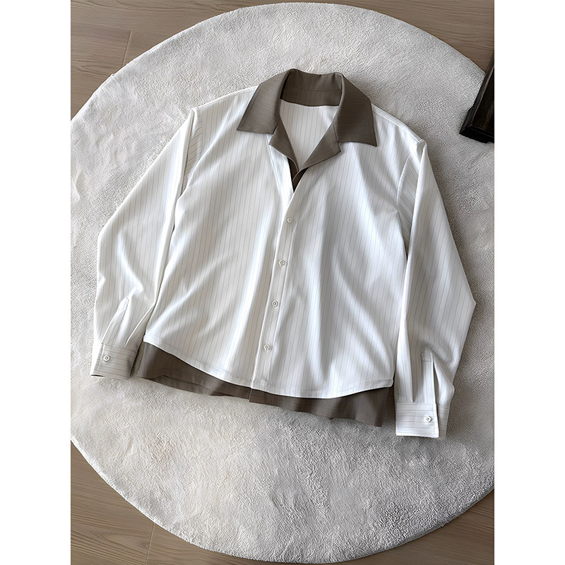 现货古巴领假两件撞色抗皱通勤长袖衬衫CS36-P48，男装衬衫，电商A330-1