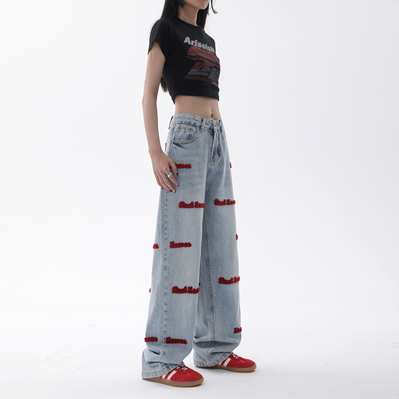 港风宽松毛巾绣牛仔裤中性阔腿裤休闲裤K001-P60控78，女装牛仔裤，电商A330-1