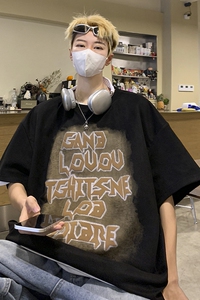 ~港风宽松麂皮绒发泡宽松印花短袖T恤 S10-P45图片