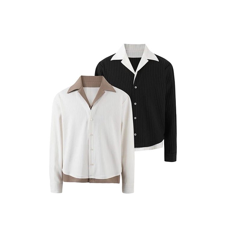 古巴领假两件撞色抗皱通勤长袖衬衫CS36-P48，男装衬衫，电商A330-1
