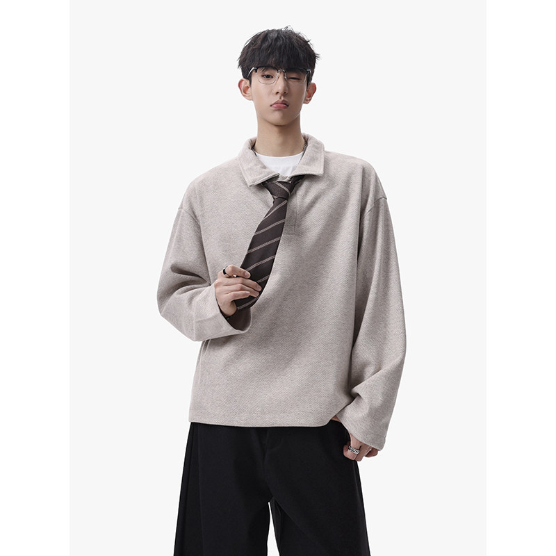 现货~美式复古宽松polo翻领卫衣外套头男女PL50-P68送领带，女装短外套，电商A330-1