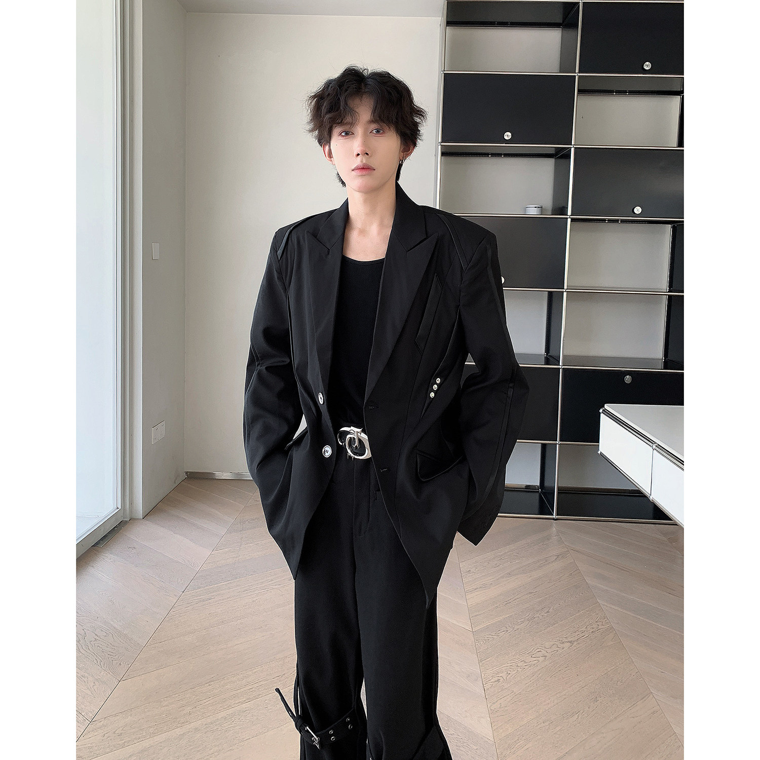 24/秋季高级解构pu皮拼接西服外套男XZ07-P118控148,男装西服,电商A330-1