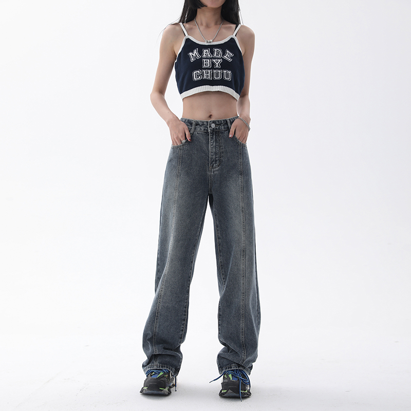 ~美式高街牛仔裤女春秋直筒中性拖地裤K002-P60控78，女装牛仔裤，电商A330-1