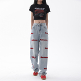 港风宽松毛巾绣牛仔裤中性阔腿裤休闲裤K001-P60控78，女装牛仔裤，电商A330-1