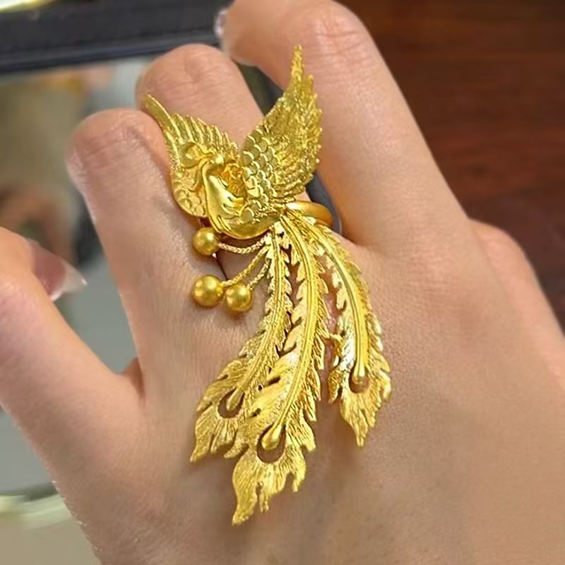 豪华金色凤凰戒指女开口可调节