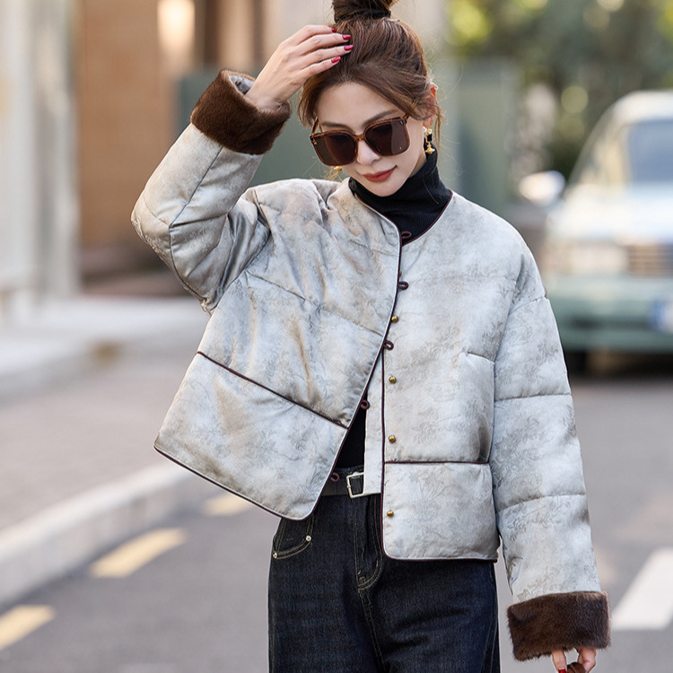 中式国风提花羽绒服女冬季时尚拼接毛毛袖小个子外套 MY1031