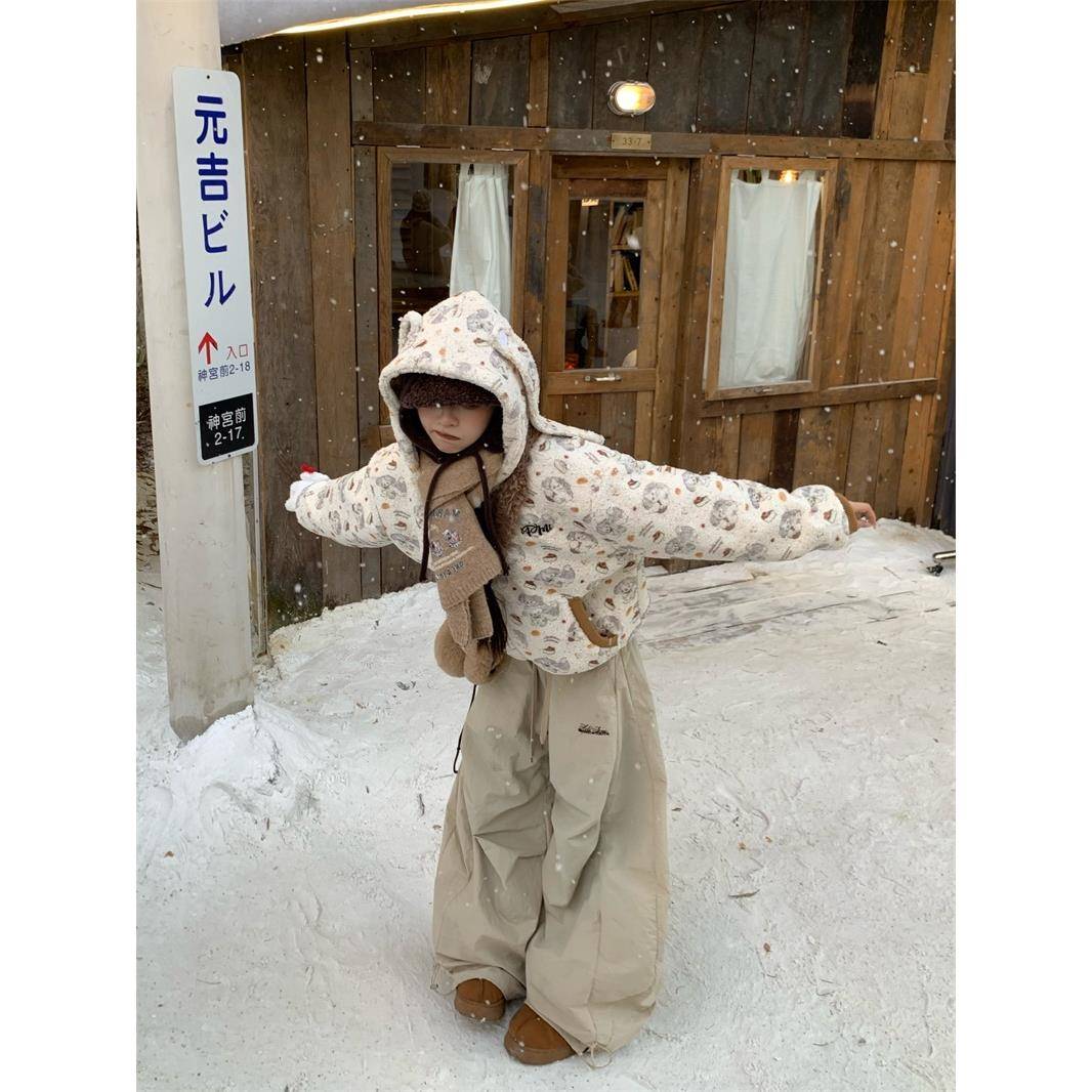 195大喜 美式兔耳朵连帽羊羔绒夹棉外套女秋冬百搭宽松短款棉服潮