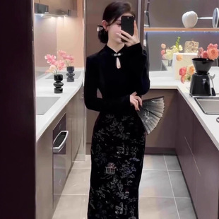 气质复古修身 改良旗袍2025秋冬新款 黑色丝绒连衣裙 国风长款 新中式