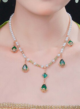 古风汉服宫廷演出绿色水滴吊坠软璎珞项链影楼拍摄写真项链配饰女