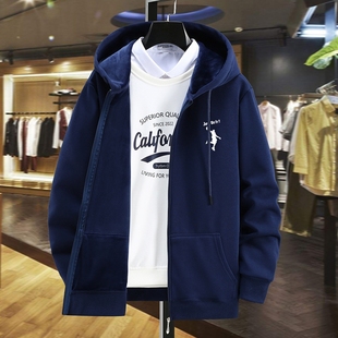 加肥加大码 宽松休闲胖子秋冬潮流棉质外套 男卫衣加绒加厚连帽开衫