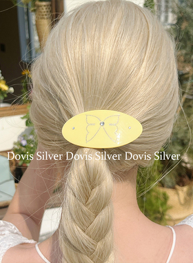 椭圆复古鹅黄色点钻蝴蝶气质清新弹簧夹半扎马尾发卡中号发夹发饰