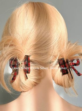 法式英伦风红拼黑格纹蝴蝶结醋酸抓夹俏皮可爱发夹少女鲨鱼夹发饰