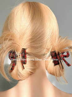 法式 英伦风红拼黑格纹蝴蝶结醋酸抓夹俏皮可爱发夹少女鲨鱼夹发饰